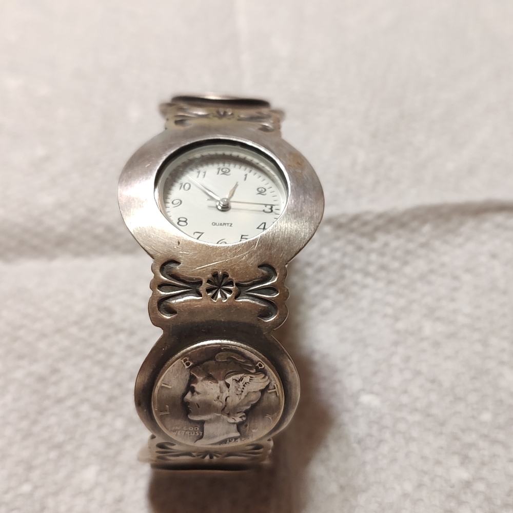 Native American sterling silver and Mercury dime wrist watch..signed Wallace jr